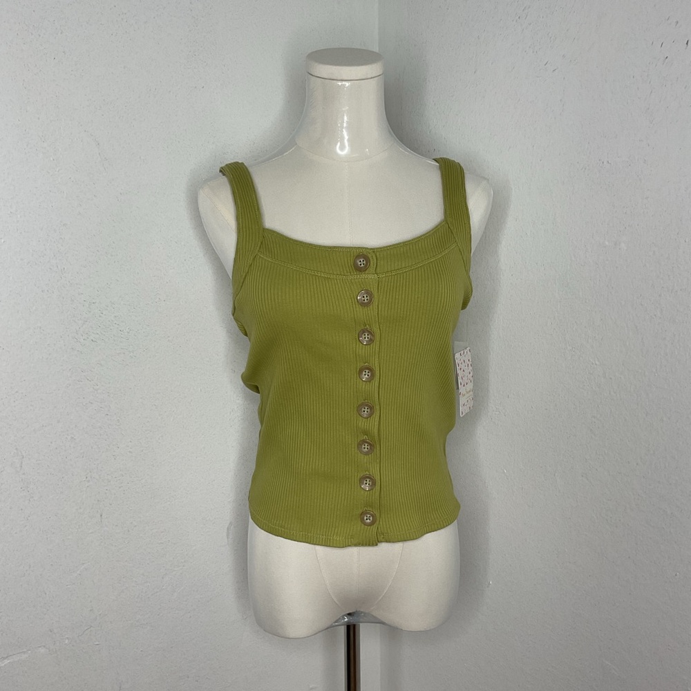 FREE PEOPLE Bridgette Ribbed Button Tank Green Cropped Cotton Summer Top M - Picture 3 of 10
